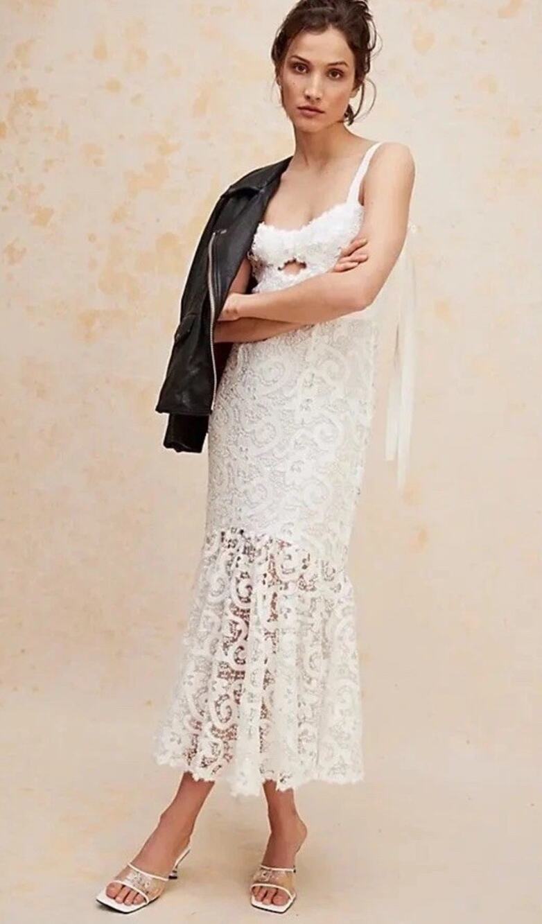Saylor Leslie White Lace Midi Dress Large L Bridal Wedding Free People $297